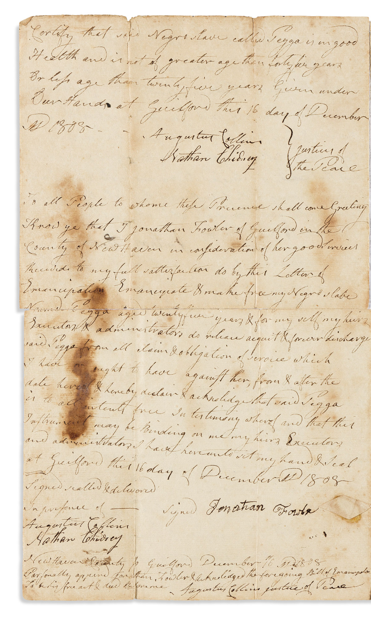 (SLAVERY & ABOLITION.) Deed of emancipation for a Connecticut woman named Pegge.